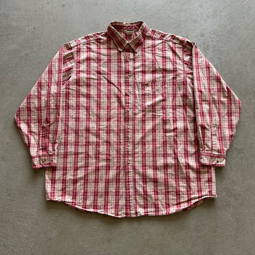 Vintage 80s Carhartt Shirt Mens 3XL Tall Red Tan Plaid Button Down Work USA Made